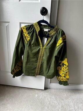 Embroidered Olive Green Peasant Blouse with Yellow Floral Trim